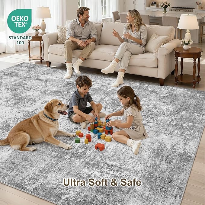 10x13 Large Area Rugs for Living Room, Washable Soft High-Low Pile | Neutral Modern Abstract Carpet, Non Slip Lightweight Made for Dining Room, Nursery, Home Office Indoor Decor - Gray