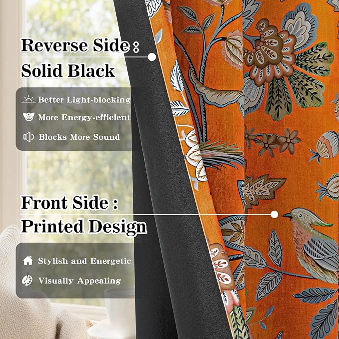 MYSKY HOME Orange Floral Blackout Curtains & Drapes 95 inch Curtains 2 Panels Set for Living Room Bedroom Boho Farmhouse Elegant Curtains Heat Block Sound Reduce Drapes with Patterned Bird Design