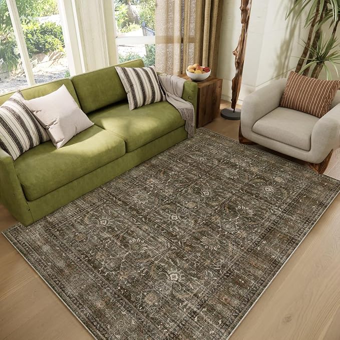 Washable 4x6 Rugs, Boho Vintage Non-Slip Distress Rugs, Sage Green | 0.3" Neutral Throw Rugs for Bedroom Kitchen Nursery Living Room, Cushioned Area Rug for High-traffic