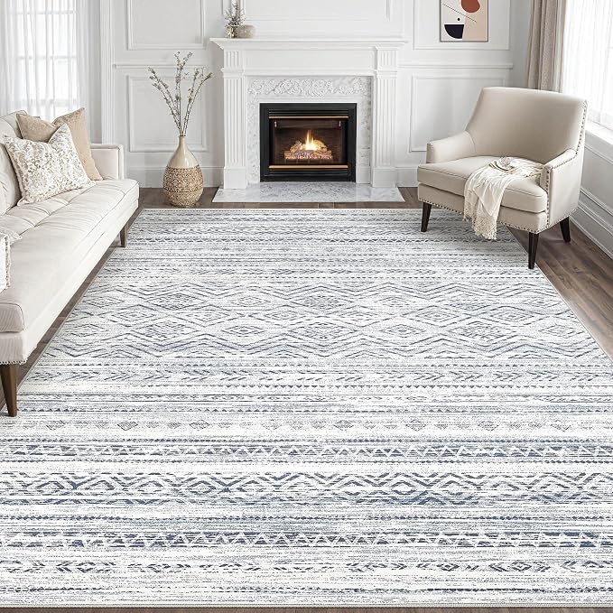 Tortania Area Rug Living Room Rugs- 8x11 Washable Large Soft Neutral Boho Moroccan Bohemian Farmhouse Rug Indoor Floor Carpet for Bedroom Under Dining Table Home Office Decor - Dark Blue