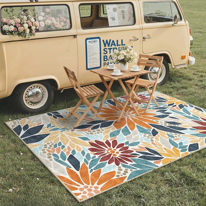 GENIMO 5x8 Outdoor Rug, Washable for Patio and Deck, Rust Blue | Floral design for porch; fade resistant chenille with quick-dry non-slip backing for indoor sunroom