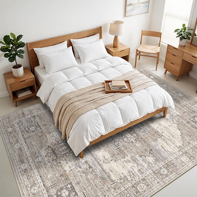 RUUGME 9x13 Large Area Rug for Living Room Vintage Oriental Washable Beige | Soft Low Pile Non Slip Non Shedding Bedroom Dining Room Office Farmhouse Easy Care