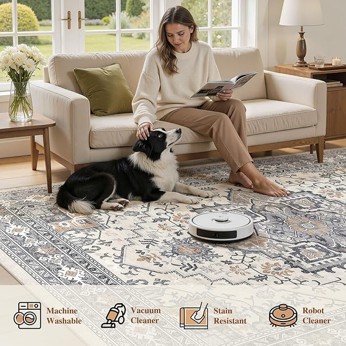 UERMEI 6x9 Area Rug Living Room Rugs - Washable Vintage Soft Large Rug Indoor Floor No Slip Rug Carpet for Bedroom Farmhouse Under Dining Table Home Office Decor - Grey-Orange
