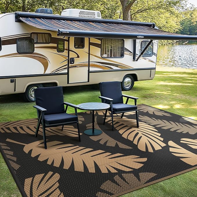 GENIMO Outdoor Rug, Waterproof Plastic Rugs for Patio, 6'x9' Black Brown | Outside Larger Leaf Carpet Mat for Porch Decor, Deck, Balcony, Camping, RV, Backyard, Picnic, Beach, Reversible, Foldable