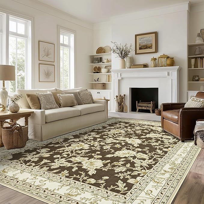 Brown Floral Print Area Rugs for Bedroom Living Room Boho Farmhouse Country Rustic Dining Room Carpet Soft Washable Rugs Non Slip Floor Covering for Nursery Playroom 7x9