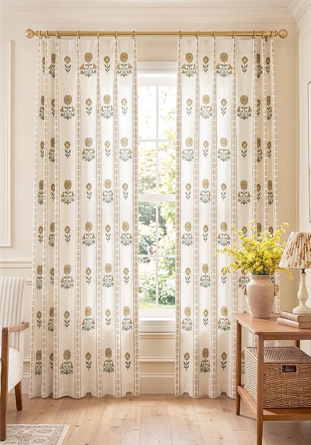 THREE GIRLS Pinch Pleated Light Filtering Linen Blend Floral Block Print Curtains for Bedroom, Dining Room, Living Room, Farmhouse, Memory Trained, Hooks, 2 Panels Set, 40"x90", Brown