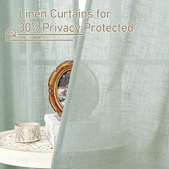 LAMIT Living Room Linen Curtains 95 Inch for Bedroom, Back Tab and Rod Pocket Linen Textured Sheer Curtains Light Filtering Burlap Drapes for Farmhouse, 2 Panels, 52 x 95 Inch, Light Sage