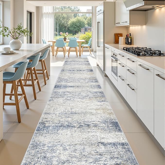 2'6 x 14' Runner Rug Non Slip,Washable Kitchen Rugs,Blue | 14 ft Runner Rug for Hallway,Entryway,Bedroom,Living Room,Thin,Soft, Extra Long Rug,Stain Resistant Indoor Carpet