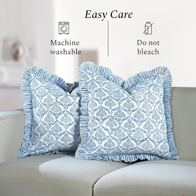 CPC Indigo Regal Hand Block Print 100% Cotton Ruffle Throw Pillow Cover 18x18 inch with Hidden Zipper Decorative for Couch, Bed, Sofa, Farmhouse, Cottagecore Decor Gift Christmas Fall Thanksgiving