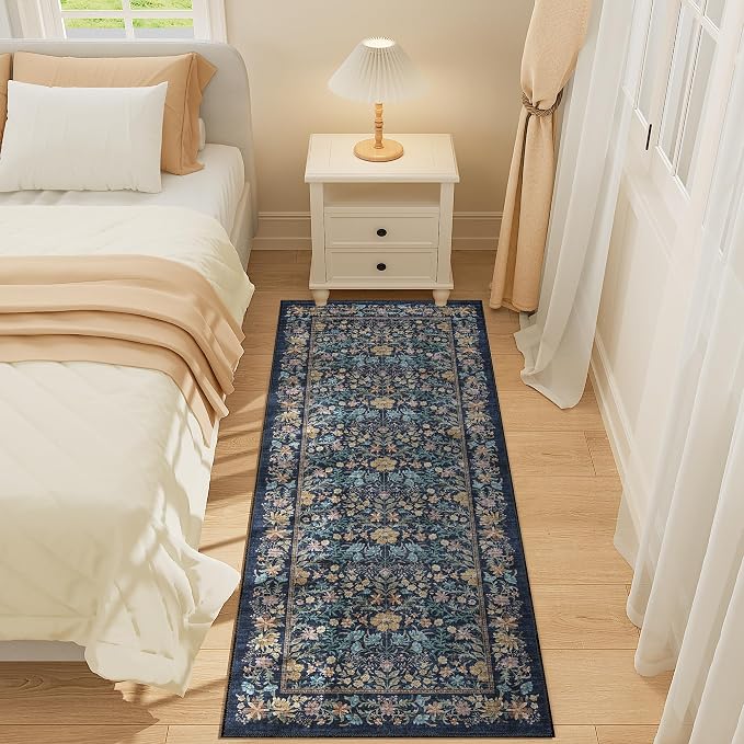 DUKINO 2x5 Rug Runner, Washable Vintage Floral Bathroom Rugs, Dark Blue | Non Slip, Low Pile, Stain Resistant, Lightweight Soft Carpet Runner for Laundry Room Kitchen Hallway Bedroom, Non-Shedding