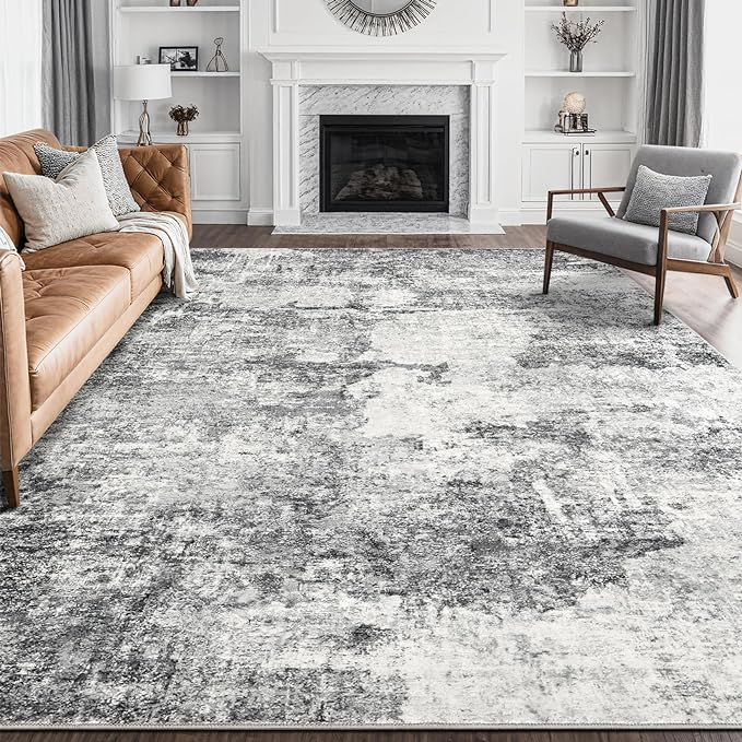 DMOYEST 10x12 Area Rug for Living Room, Washable & Non Slip Large Indoor Carpet, Kid & Pet Friendly Soft Thin Low Pile Abstract Rug for Bedroom and Office - Grey