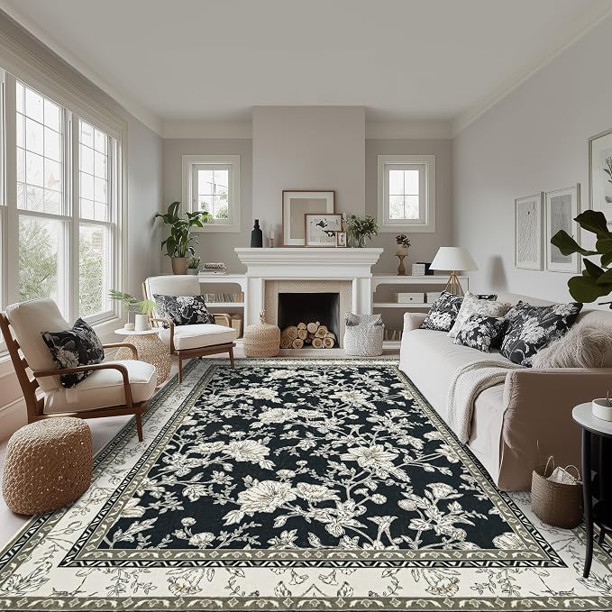 Large Black and Beige Area Rug 10x12 for Living Room Large Charcoal Cream Taupe Pattern Modern Boho for Bedroom Soft Vintage Area Rug Farmhouse Floral Carpet for Dining Room Guest Bedroom Home Decor