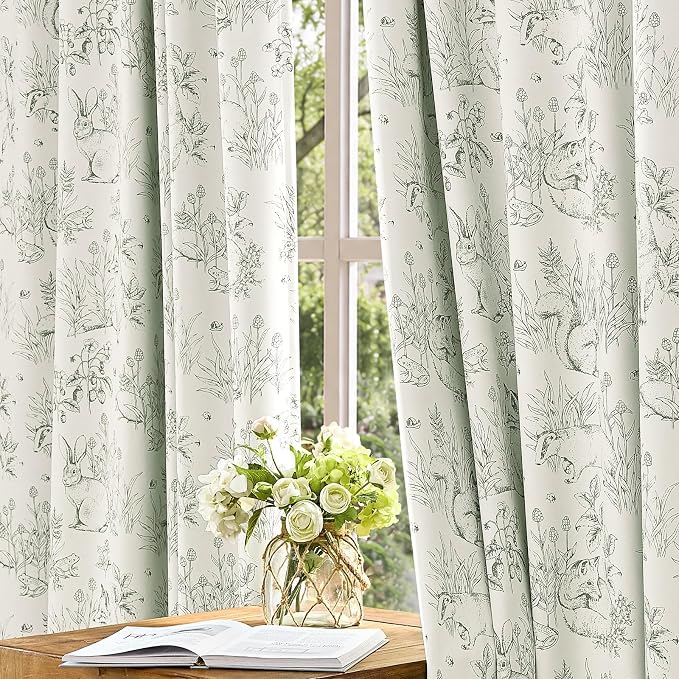 jinchan Green Blackout Curtains 63 Inch Whimsical Back Tab 2 Panels | Room darkening,nursery kids bedroom,privacy,whimsical,cottagecore,bunny pattern,botanical,nature-inspired decor