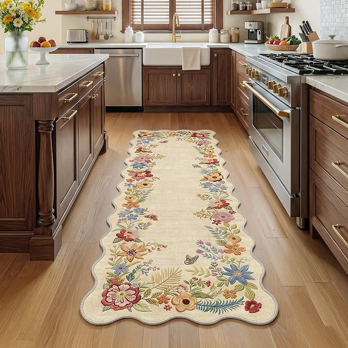 FMFUNCTEX 2x5 Hallway Runner Rug Washable Beige Floral Vintage Scalloped | Flower Colorful Traditional Boho Non Slip Low Pile Pattern Indoor Carpet Entryway Rugs Kitchen Bedroom Laundry Entry Bedside