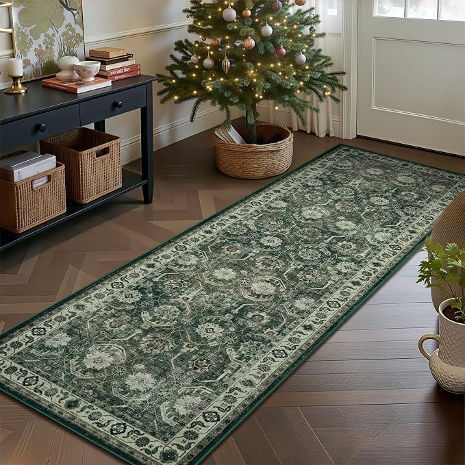 Runner Rug 2x6, Washable Non Slip Low Pile Kitchen Runner, Soft Boho Modern Rug for Hallways, Bedroom, Sage Green