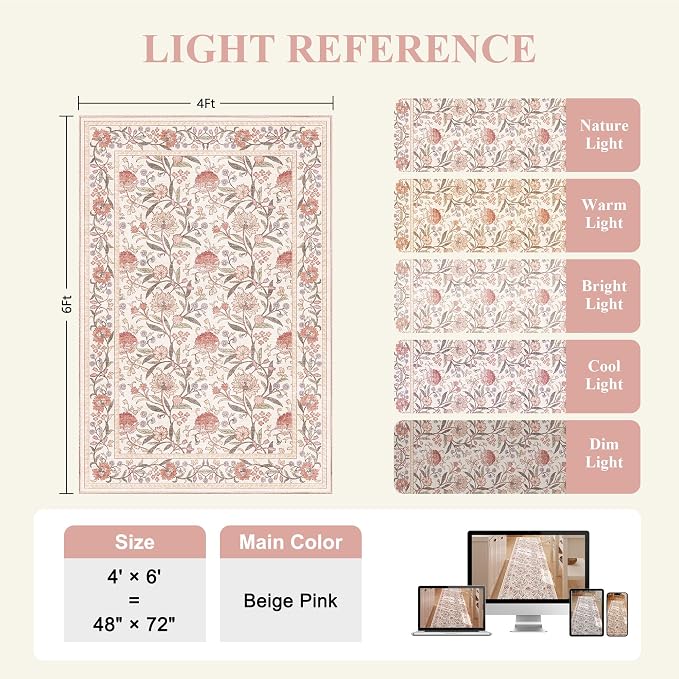 DUKINO 4x6 Area Rug, Washable Vintage Floral Rug for Living Room Beige Pink | Non Slip, Low Pile, Stain Resistant Boho Lightweight Soft Indoor Carpet for Bedroom Office Dining Room Entryway Farmhouse