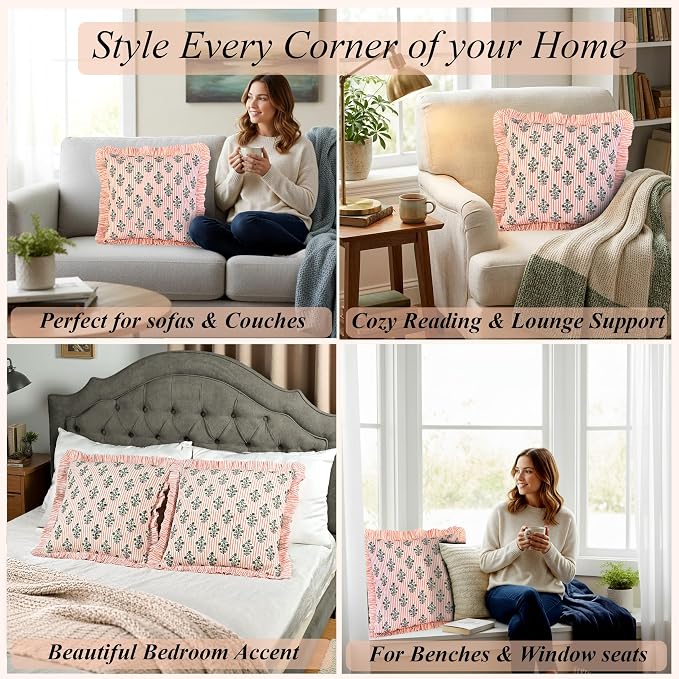 Ridhi Block Print Salmon Blossom Throw Pillow Cover 24" x 24" (Pack of 2) Decorative Cushion Covers with Ruffle for Couch, Sofa, Bed, Living Room, Home Decor Gift for Spring, Easter, Valentine