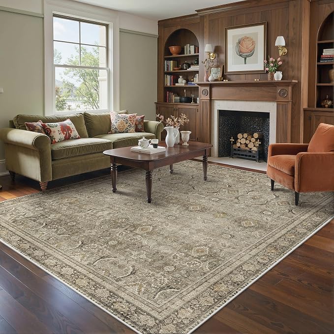 BESBLEE 3X5 Area Rugs Machine Washable Rugs for Living Room, Vintage Boho Large Rugs for Bedroom Dining Room, Non Slip Indoor Soft Distressed Lightweight Thin Low Pile Carpet, Dark Brown