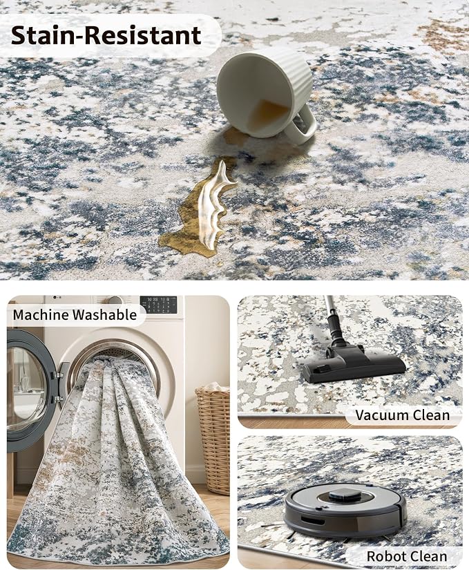 Art&Tuft Washable Rugs 5x8, Anti-Slip Backing Abstract Area Rug 5x8, Stain Resistant Rugs for Living Room, Foldable Machine Washable Area Rug(5'x8', Blue)