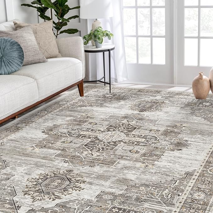 RUUGME Washable 9x12 Area Rugs - Large Rugs for Living Room Stain Resistant Carpet Vintage Rugs for Bedroom with Non Slip Backing Home Decor Floor Decoration Mat (9x12 Grey)