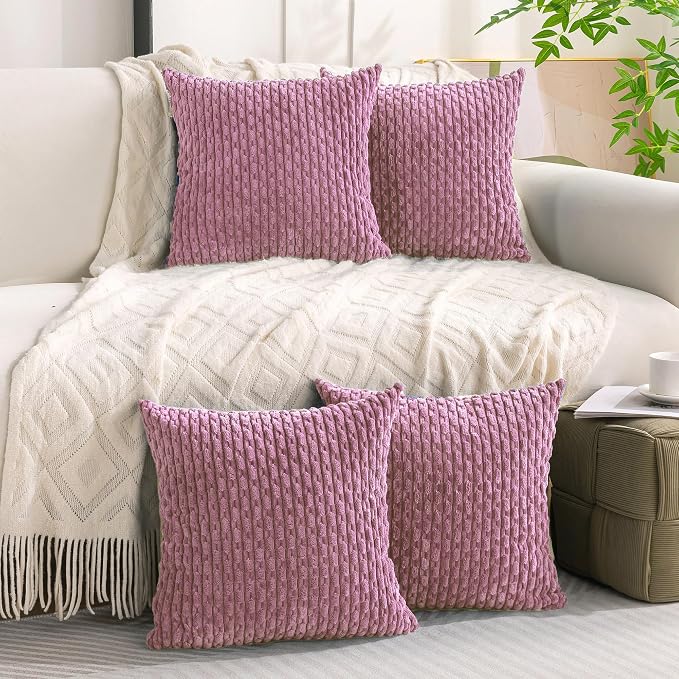 Set of 4 Pink Decorative Throw Pillow Covers 16x16 Inch Corduroy Pillow Covers for Bed Couch Sofa Living Room Soft Square Cushion Cases