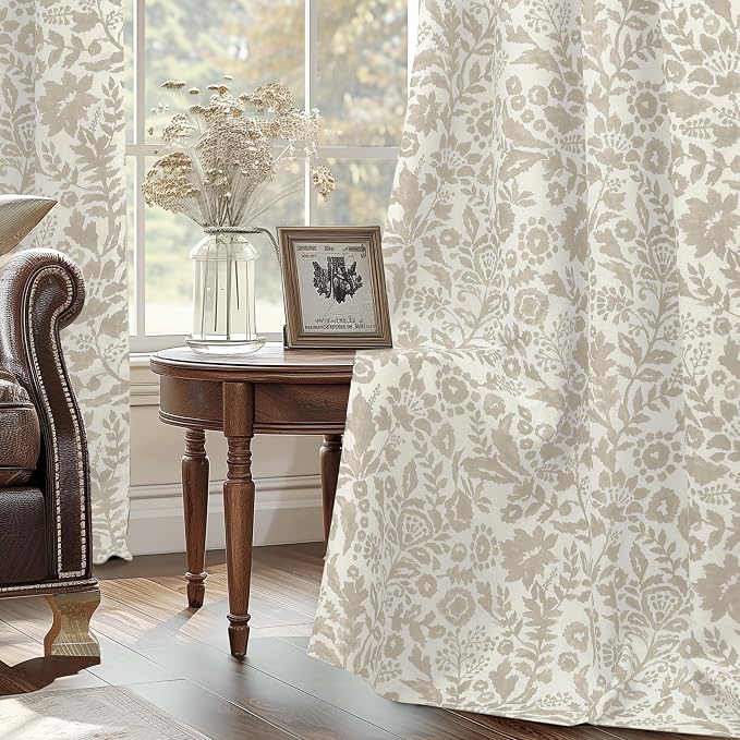 DriftAway Julia 100% Blackout Curtains Grommet 2 Panels, W52xL84, Beige | Floral Curtains, Bedroom, Living Room, Linen Blend, Watercolor Pattern, 2 Layers, Thermal Insulated, Window Treatment