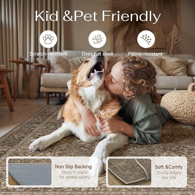 HUGEAR 4x4 Round Rugs Brown Washable Rug for Living Room Bedroom Large Neutral Vintage Rug Carpet Distressed Soft Durable Non Slip No Shedding for Indoor Dining Nursery Farmhouse
