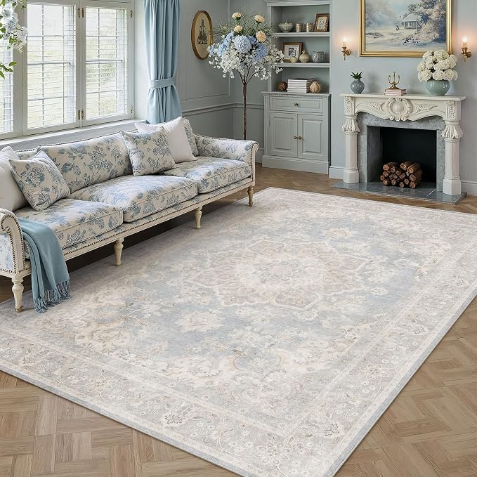PureCozy 10x12 Area Rug Washable Blue Vintage Oriental Medallion | Non Slip, Soft Low Pile, Indoor Carpet for Living Room, Bedroom, Dining Room, Retro Decor