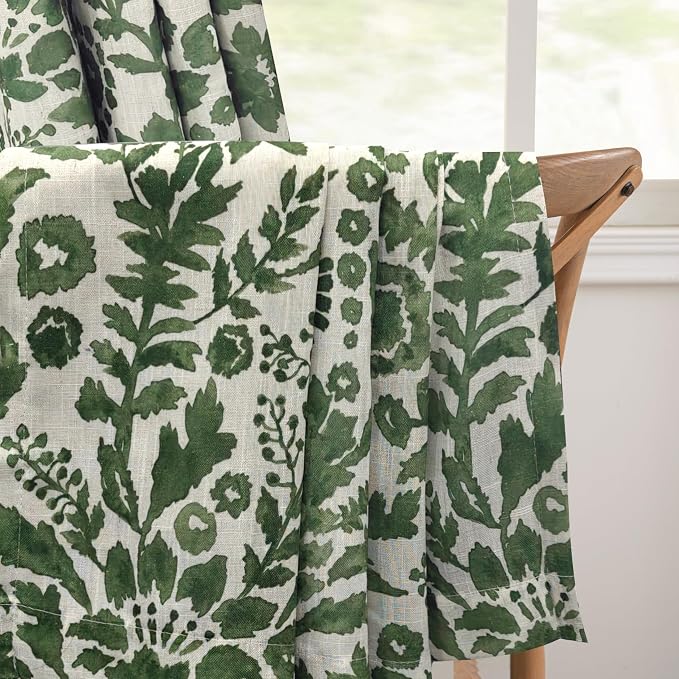 DriftAway Julia 100% Blackout Curtains Grommet 2 Panels, W52xL90, Green | Floral Curtains, Bedroom, Living Room, Linen Blend, Watercolor Pattern, 2 Layers, Thermal Insulated, Window Treatment
