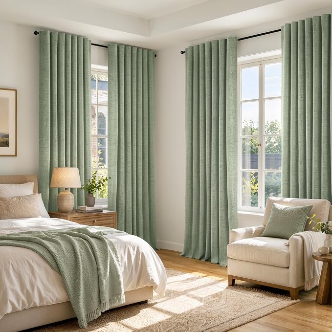 MIULEE 100% Blackout Linen Curtains 42 x 108 Inch Sage Green 2 Panel | Thermal Insulated, Room Darkening Drapes for Bedroom Living Room, Back Tab Rod Pocket Pinch Pleated, Solid Luxury Decor