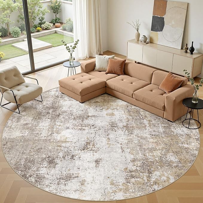 10ft Round Area Rugs for Living Room, 10x10 Washable Non Slip Soft Large Rugs for Bedroom Dining Room, Modern Abstract Low Pile Stain Resistant Carpet for Laundry Office Home Decor-Gold Brown