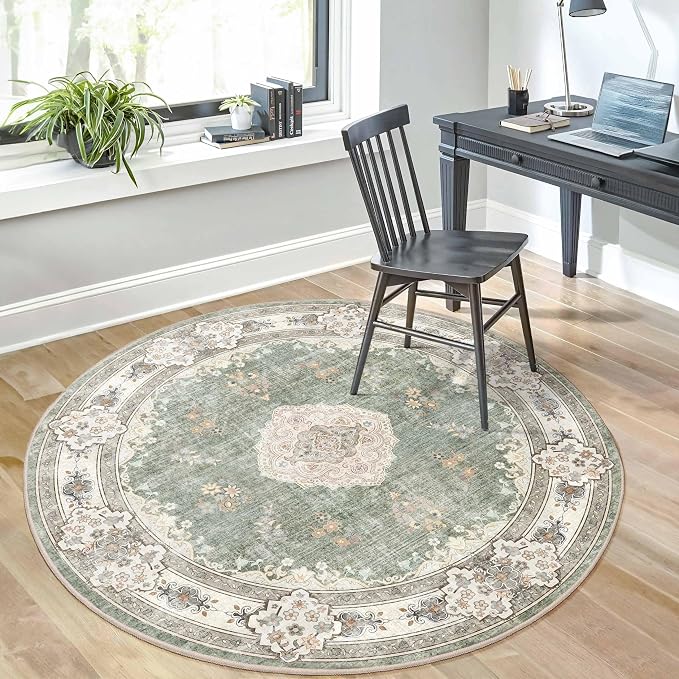 MUJOO Green Round Rug 5ft,Circle Washable Area Rug Non Slip Floral | Circular Rugs for Bedroom Living Room Dining Room Bathroom Boho Throw Carpet Low-Pile Soft Floor Indoor Flowers Sage Green