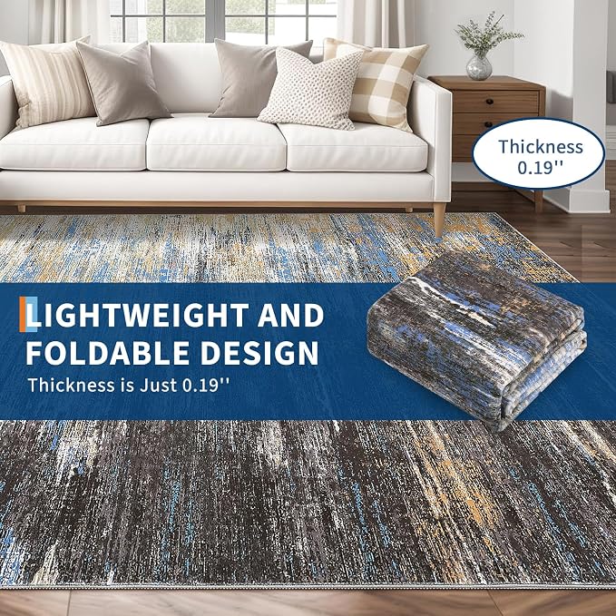 ROYHOME Modern Abstract Living Room Rug 10x13, Machine Washable Large Carpet, Non Slip Low Pile Throw Rug, Ultra Soft Indoor Floor Carpet for Bedroom Dining Room Table Home Decor, Blue/Brown