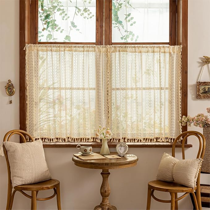 Sutuo Home Beige Boho Lace Short Kitchen Curtains 36 inches Long for Cafe Laundry Room, Semi Sheer Window Curtains Farmhouse Crochet Vintage Tassels Rustic Valance Rod Pocket Decor, 2 Panels 50" W
