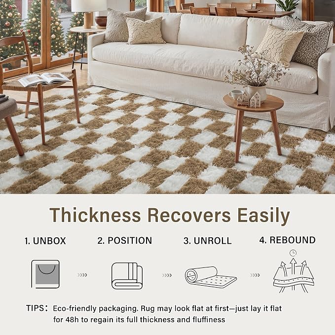 PureCozy 5x7 Area Rugs for Living Room Brown Soft Shag Checkered Large Rug Modern Washable Indoor Office Fuzzy Carpet Non-Slip Fluffy Rugs for Bedroom Nursery Dorm Playroom Home Aesthetic Decor