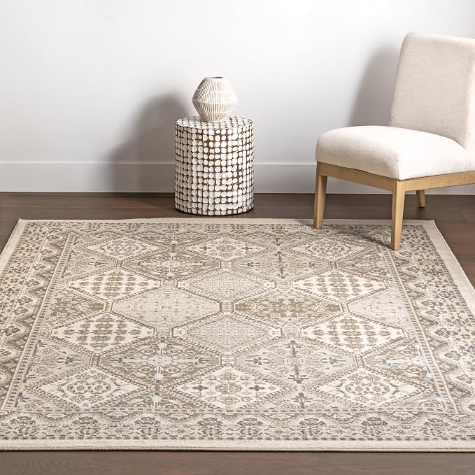 nuLOOM 8x10 Becca Traditional Tiled Area Rug, Beige, Faded Transitional Design, Stain Resistant, For Bedroom, Dining Room, Living Room, Hallway, Office, Kitchen, Entryway