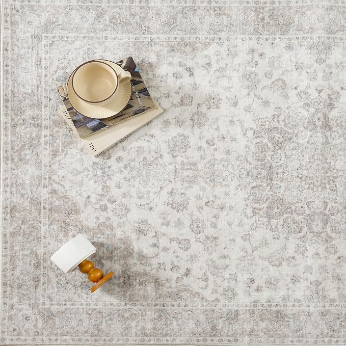 PureCozy 3x5 Washable Small Area Rug Neutral Beige Vintage Floral | Non Slip, Soft Low Pile, Indoor Carpet for Entryway, Kitchen, Bathroom, Farmhouse Decor