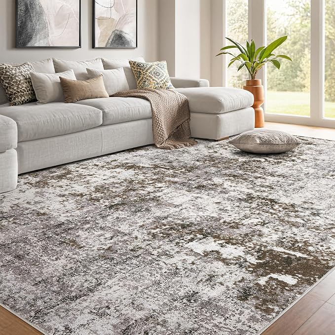 DMOYEST 10x12 Area Rug for Living Room, Washable & Non Slip Large Indoor Carpet, Kid & Pet Friendly Soft Thin Low Pile Abstract Rug for Bedroom and Office - Dark Brown