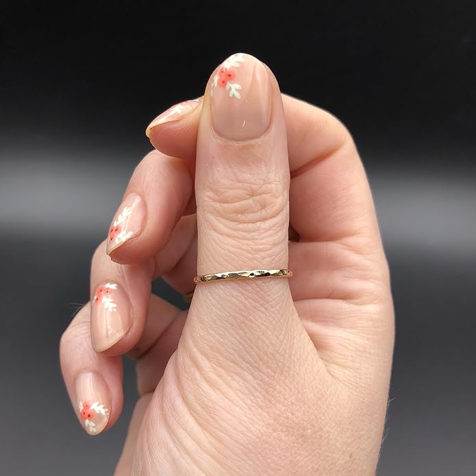 Ellie J Maui Hammered Ring, 1mm Thin Stacking Rings, Minimalist Rings for Women, 14K Gold Filled Rings for Teen Girls Midi Knuckle Pinky Finger Jewerly (Size 3-11)