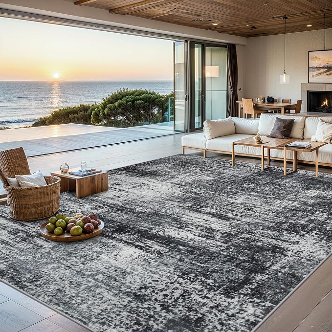 Area Rugs 10x14 Living Room - Washable Rug Modern Abstract Soft Large Neutral Non-Slip Carpet Indoor Floor Thin Carpets for Bedroom Dining Room Farmhouse Nursery Home Office Dark Black