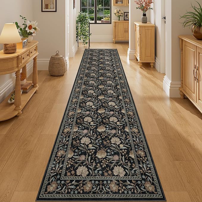 DUKINO 2x10 Runner Rug for Hallway, Washable Vintage Floral Rug, Black | Non Slip, Low Pile, Non-Shedding, Stain Resistant Soft Long Runner Carpet for Kitchen Bathroom Entryway Bedroom Farmhouse