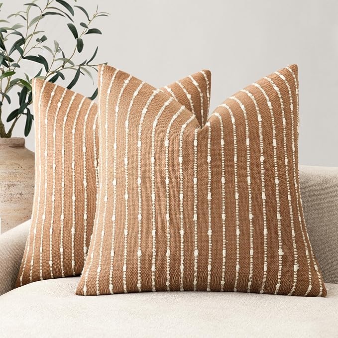 Foindtower Pack of 2 Decorative Jacquard Boucle Throw Pillow Covers Accent Textured Striped Pillowcases Cozy Modern Cushion for Couch Sofa Bedroom Living Room Home Decor 18x18 Inch Rust Tobacco