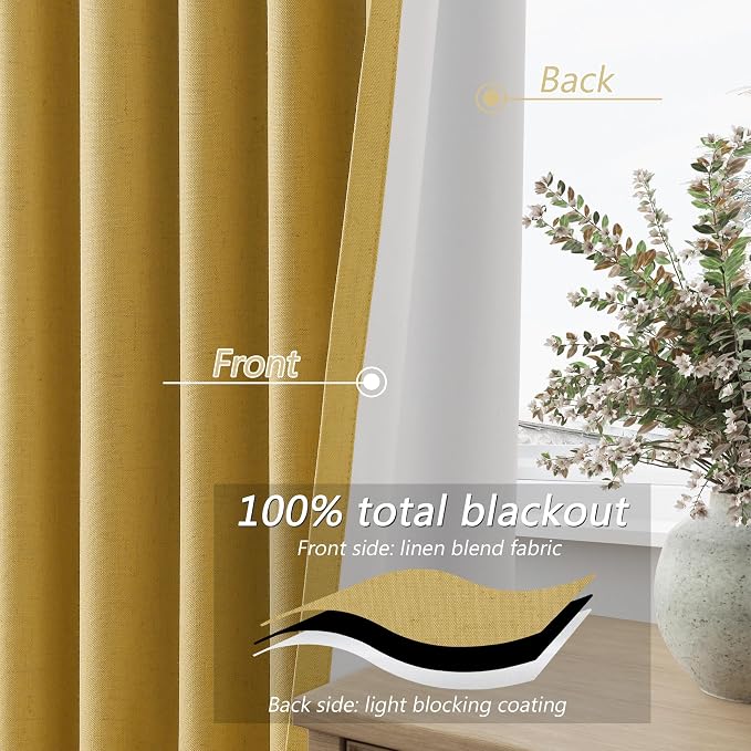 Gold 100% Blackout Linen Curtains 84 Inch Length 2 Panels Set for Living Room Bedroom Back Tab Thermal Insulated Black Out Drapes Room Darkening Farmhouse Style for Bedroom Window Curtains 52x84