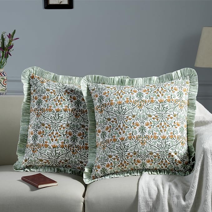 Ridhi Block Print Goldenrod Yellow Throw Pillow Cover 18" x 18" (Pack of 2) Decorative Cushion Covers with Ruffle for Couch, Sofa, Bed, Living Room, Home Decor Gift for Spring, Easter, Valentine