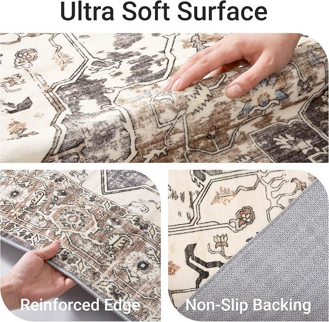 befbee 5x7 Area Rugs for Living Room, Stain Resistant Neutral Washable Rugs for Dining Room, Floral Vintage Non-Slip Thin Large Size Area Rug (Brown/Grey)