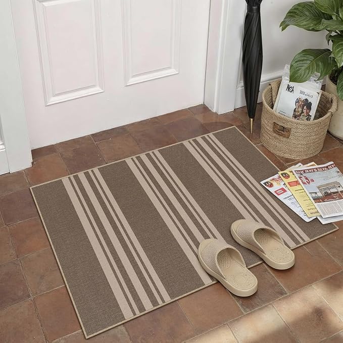 PureCozy Outdoor Rug 2x3 Washable Striped Jute Look Non Slip Mat | Brown Stripe Farmhouse Design, Indoor Outdoor Entryway Door Mat for Kitchen, Mudroom and Bathroom, Non Shedding, Easy Care