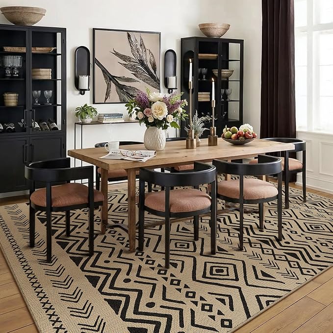 PureCozy 5x7 Easy Jute Outdoor Rug Black Boho Indoor Outdoor Area Rug Farmhouse Patio Carpet for Backyard, Patio, Porch, Living Room， Easy-Cleaning, High Traffic, Pet-Friendly, Non-Shedding