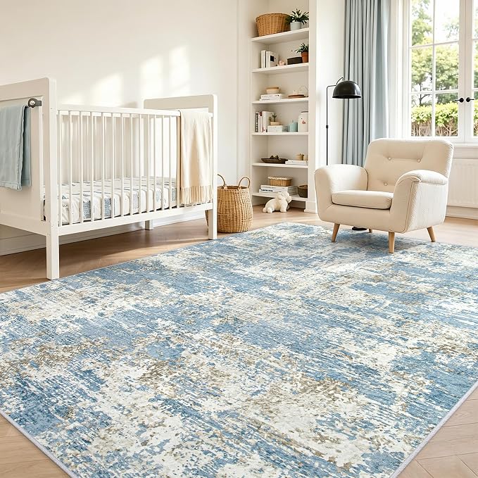 5x7 Area Rugs Living Room Rug Modern Abstract Neutral Washable Rugs Non Slip Soft Carpet Large Area Rug Low Pile Stain Resistant Non Shedding for Bedroom Nursery Dining Room Home Office Blue
