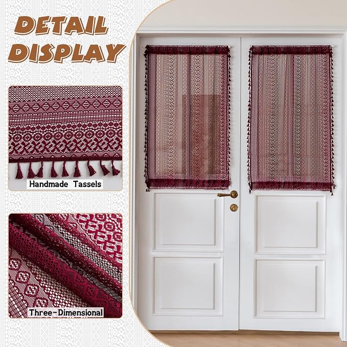 Sutuo Home Burgundy Sidelight Curtains for Drapery Glass & Patio, French Door Curtains for Front Door Entryway Farmhouse Semi Sheer Vintage Chic Cottagecore Tassels, Rod Pocket 2 Panels 25" W x 40" L