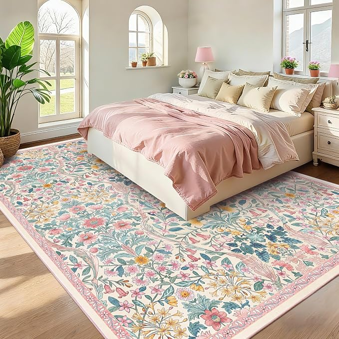 8x10 Washable Area Rug for Living Room, Large Vintage Light Pink Floral Rugs, Soft Non-Slip Stain Resistant Boho Lightweight Carpet for Girls Bedroom Dining Room Nursery Home Office
